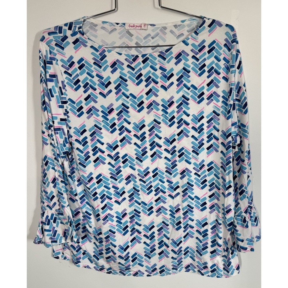 Fresh Produce Maritime Mosaic Cotton Popover Top Flare Sleeves Women's 1X Beachy